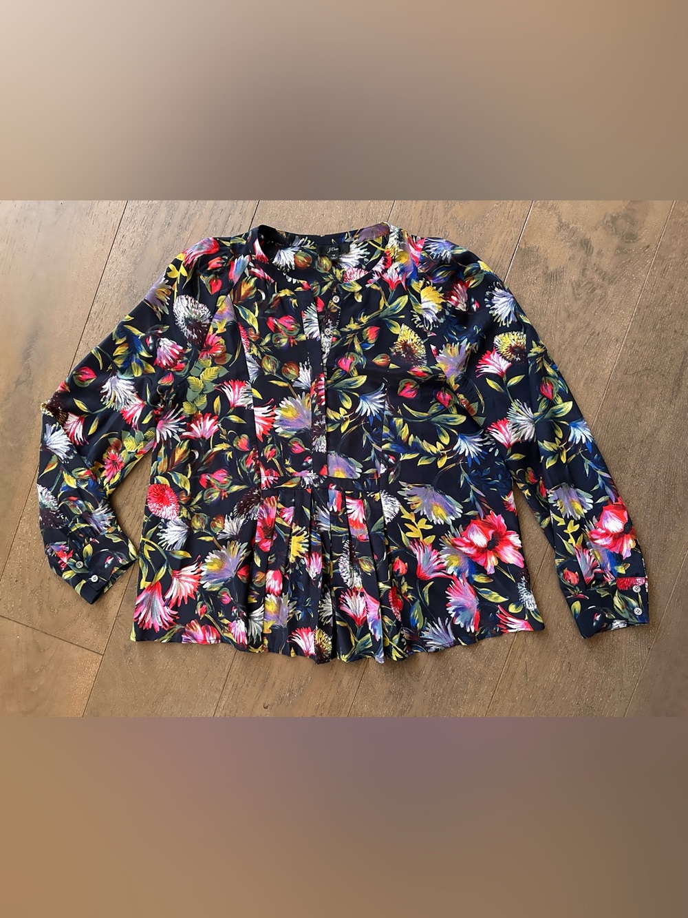 J.Crew Floral Pleated Blouse Top Navy Multicolor Long Sleeve